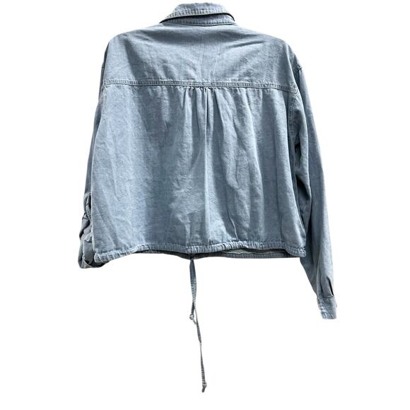 KWOKI FASHION Blue chambray long sleeve drawstring tab back sleeves NWT SZ L - Picture 2 of 6